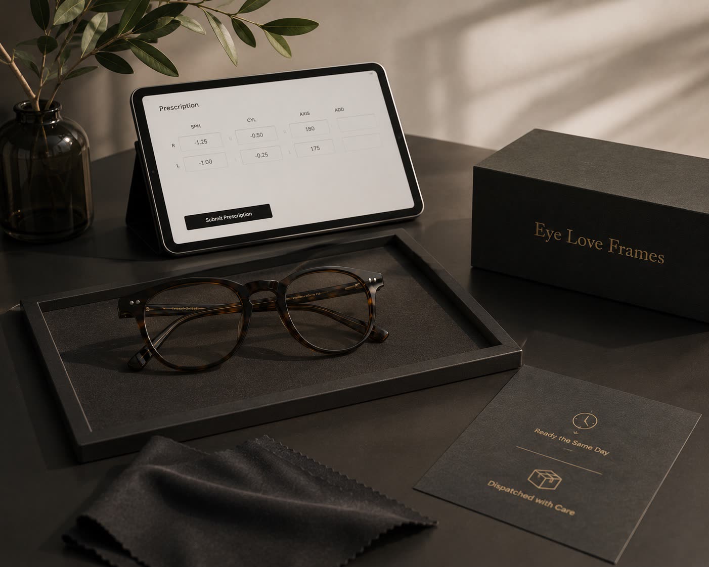 Premium eyeglasses ready for collection in a presentation case